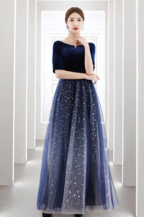 Navy Blue Velvet and Tulle Short Sleeves Prom Dress Evening Dress, Blue Bridesmaid Dress
