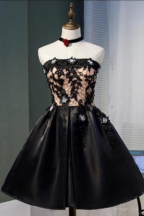 Cute Black Satin With Lace Knee Length Prom Dress Homecoming Dress, Black Short Dress