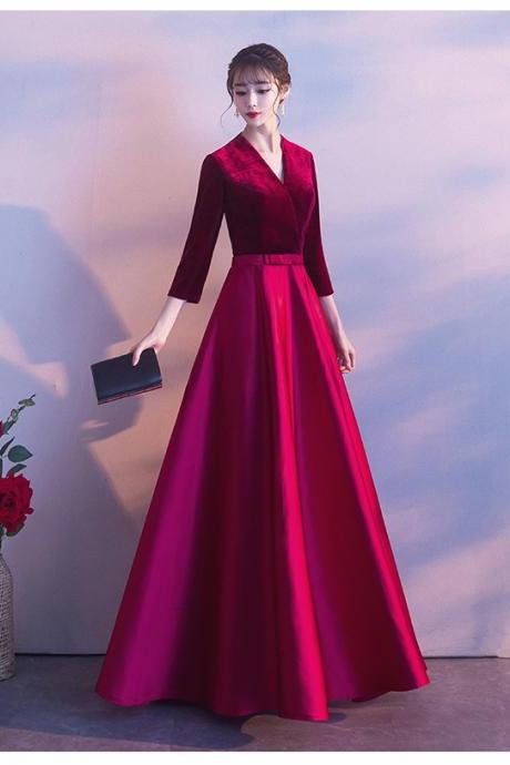 Dark Red Satin and Velvet Simple Long Wedding Party Dress, Wine Red Evening Dresses Prom Dresses