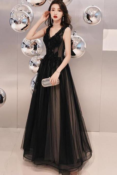 Black V-neckline Tulle Lace Applique Long Party Dress Prom Dresses, Black Evening Dresses