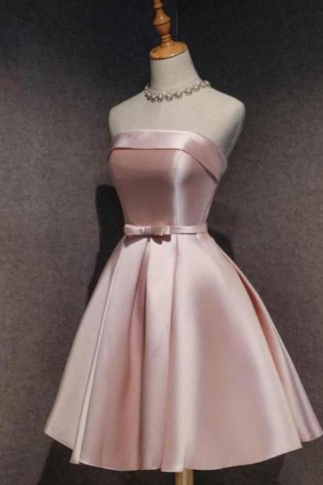 Pink Satin Short Simple Knee Lengtg Party Dresses, Pink Homecoming Dresses Formal Dresses