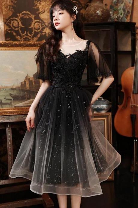 Black Gradient Short Tulle With Lace Applique Party Dresses, Black Short Prom Dresses