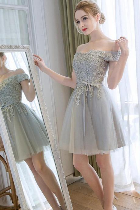 Cute Grey Lace Applique Sweetheart Short Formal Dresses, Grey Homecoming Dresses