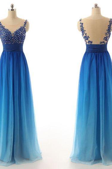 Charming Gradient Blue Chiffon Long Junior Prom Dresses, Blue Long Party Dresses