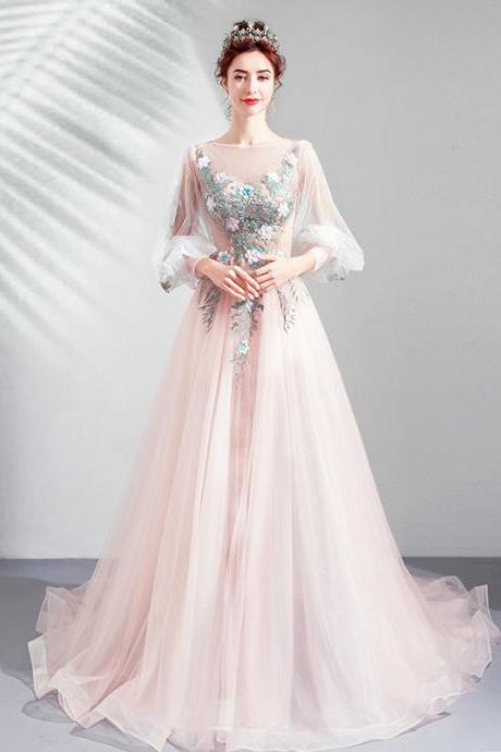 Lovely Light Pink Tulle Puffy Sleeves Floor Length Party Dress, Pink A-line Pricess Gowns Prom Dress