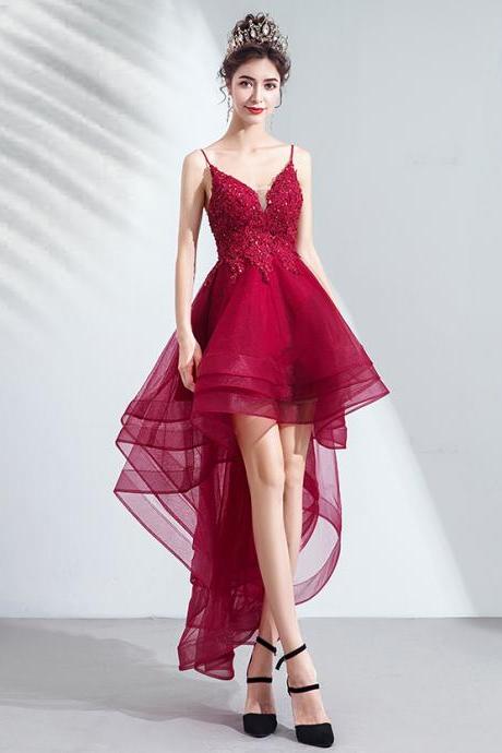 Wine Red High Low Lace Applique and Tulle Layers Party Dress Prom Dress, Straps Short Formal Dress