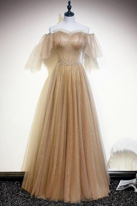 Lovely Light Champagne Shiny Tulle Off Shoulder Long Party Dress, A-line New Prom Dresses