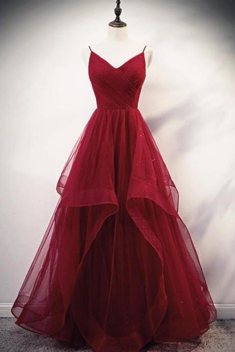 Burgundy Shiny Tulle Straps Long Formal Dresses Prom Dress, A-line V-neckline Party Dress