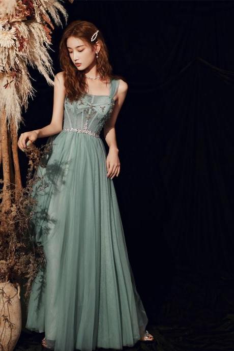 Light Green Beaded Tulle Sweetheart Floor Length Evening Dress, Green Party Dress Prom Dress