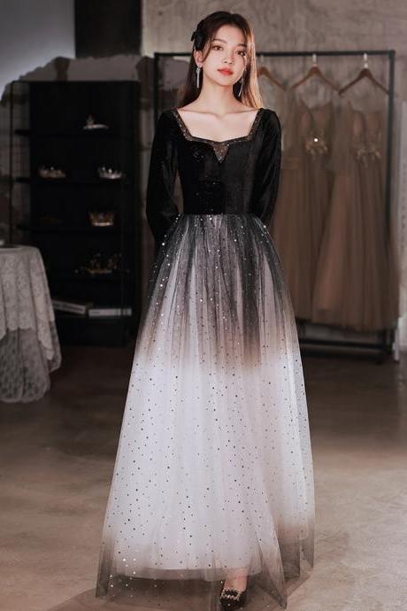 Black Velvet And Gradient Tulle Long Sleeves Party Dresses, Beautiful Formal Dress Eveniing Dress