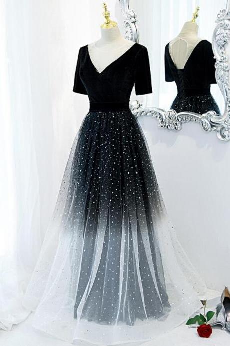 Black Velvet And Gradient Tulle Short Sleeves Long Party Dress, Black Wedding Party Dresses