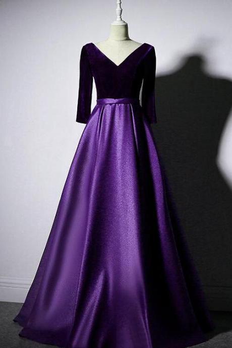 Purple Long Sleeves V-neckline Velvet And Satin Long Party Dress, Long Evening Dress Prom Dress