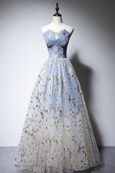 Blue Floral Gradient A-line Lace-up Long Party Dress, Pretty Blue Prom Dresses