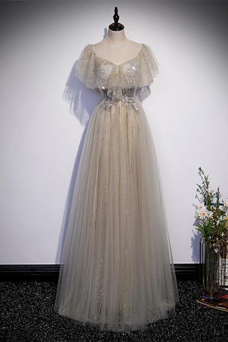 Light Champagne Tulle with Lace Short Sleeves Long Evening Dress, Long Prom Dresses