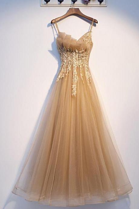 Light Champagne Lovely Straps Tulle with Lace Party Dress Prom Dress, A-line Tulle Evening Dresses