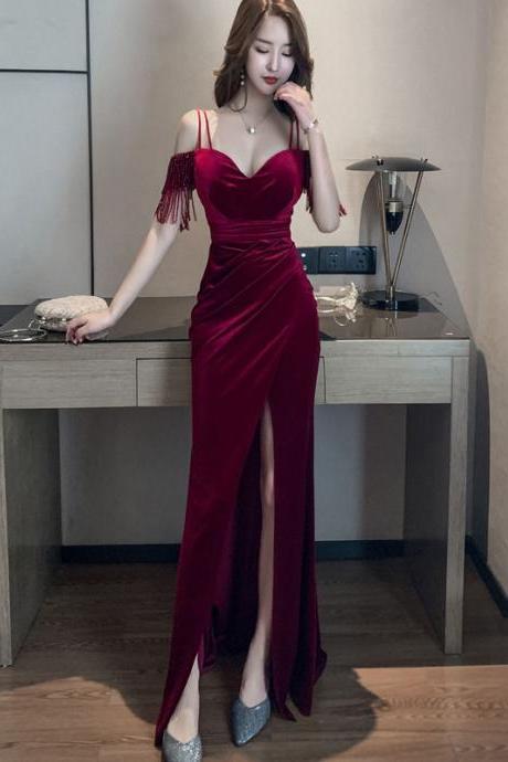 Sexy Wine Red Velvet Mermaid Sweetheart Long Evening Dress, Off Shoulder Dark Red Party Dress