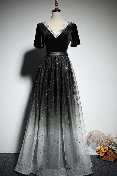 Black Gradient Tulle And Velvet Short Sleeves V-neckline Tulle Party Dress, Black Tulle Prom Dress