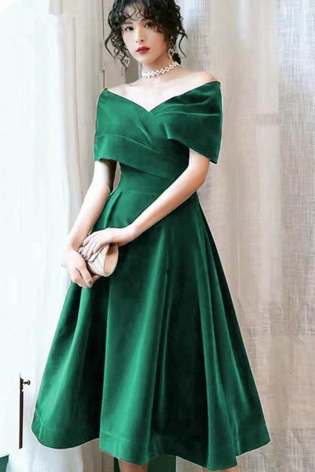 Green Velvet Off Shoulder Tea Length Wedding Party Dresses, Green Bridesmaid Dresses