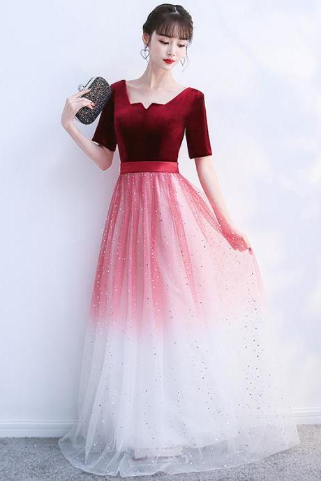 Red Gradient Tulle with Velvet Top Short Sleeves Bridesmaid Dresses, A-line Long Evening Dress Formal Dress