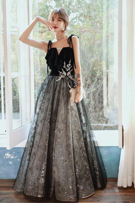 Lovely Black Velvet and Lace Tulle Straps Long Party Dress, Black Evening Dress Prom Dresses