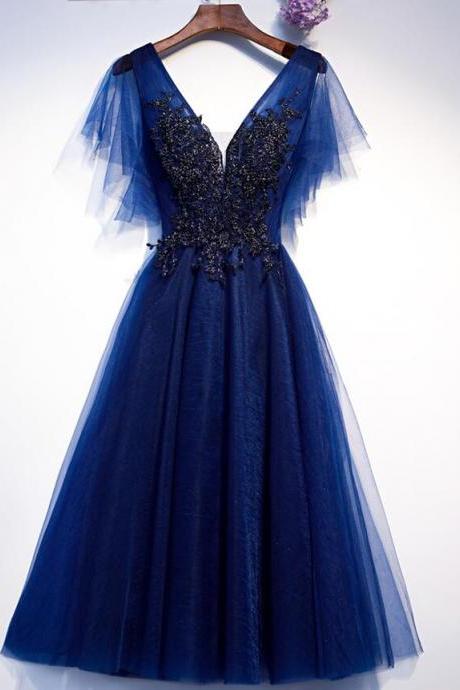 Beautiful Blue Tulle with Lace Applique Knee Legnth Party Dress, Blue Prom Dress Party Dresses