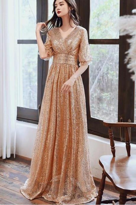 Beautiful Golden Sequins V-neckline Long Bridesmaid Dresses, Short Sleeves Party Dresses