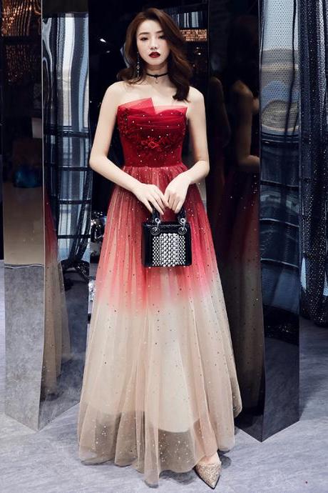 Red Gradient Soop Tulle with Lace A-line Long Evening Dress Prom Dress, Red Formal Dress