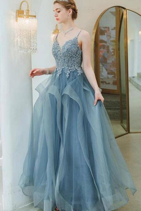 Blue Straps V-neckline Lace Applique Tulle Long Party Dresses, A-line Tulle Evening Dress Prom Dresses