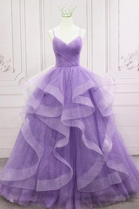 Glam Purple Tulle V-neckline Straps Layers Long Formal Dress Party Dress, Purple Evening Dress Prom Dresses