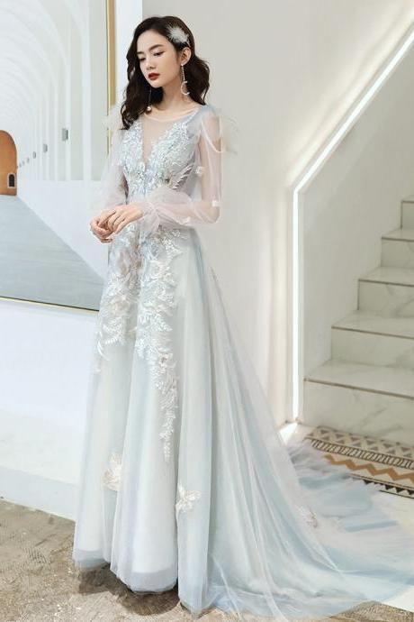 Elegant Light Blue Tulle Long Sleeves with Lace Applique Party Dress, Light Blue Evening Dress Prom Dress
