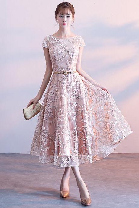 Lovely Lace Tea Length Cap Sleeves Party Dress Bridesmaid Dresses, Cute Short Formal Dresses