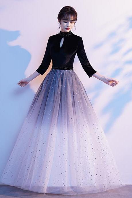 Elegant Black Velvet High Neckline Gradient Tulle Floor Length Party Dress, A-Line Prom Dress Formal Dress