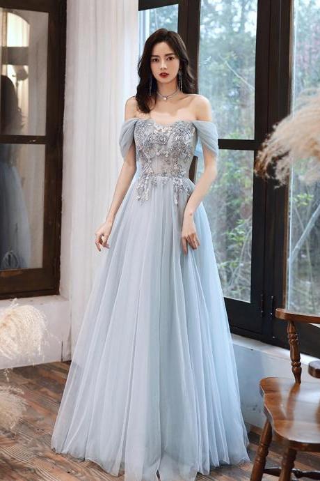 Light Blue A-line Tulle Off Shoulder Long Evening Dress with Lace, Blue Party Dress Prom Dress