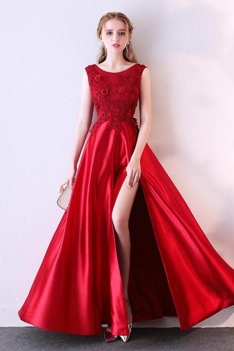 Beautiful Red A-line Satin with Flower Lace Long Party Dress, Red Evening Dress Formal Dress
