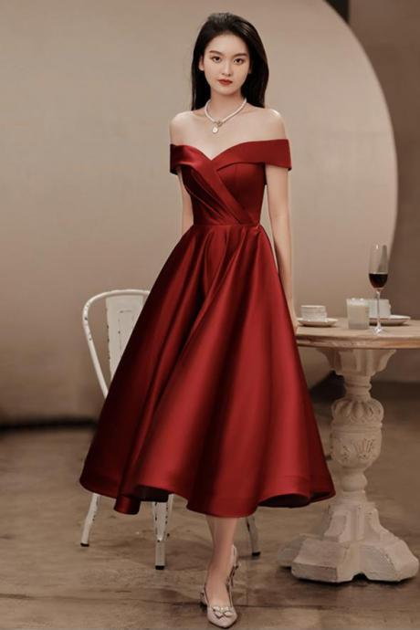 Elegant Dark Red Satin Tea Length Bridesmaid Dress, Wine Red Short Prom Dresses