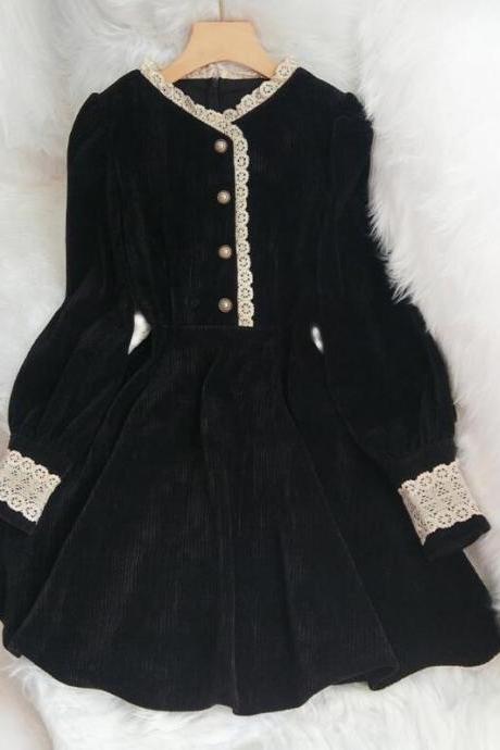 Lovely Black Long Sleeves Women Dress with Lace, Chic Short Women Dresses