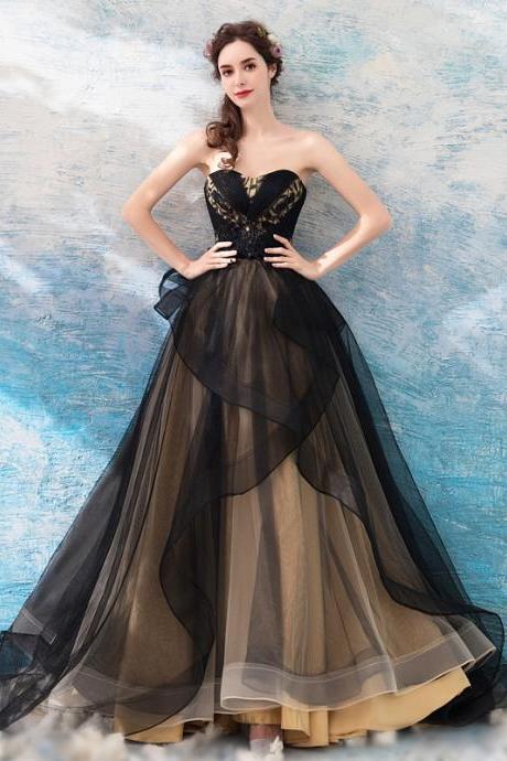 Black and Champagne Princess Ball Gown Sweetheart Long Formal Dress, Black Prom Dresses