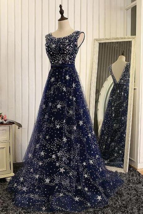 Blue Tulle V Back Long Party Dress Prom Dresses, Blue A-line Evening Dress Formal Gowns