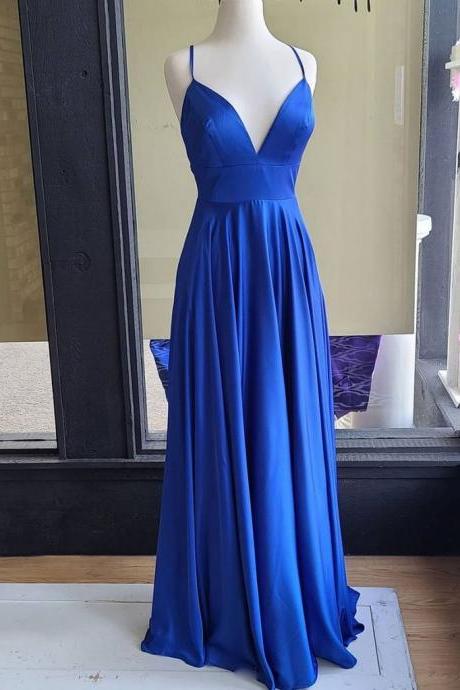 Beautiful Simple Blue Spaghetti Straps Long Prom Party Dress, A-line Blue Evening Dresses