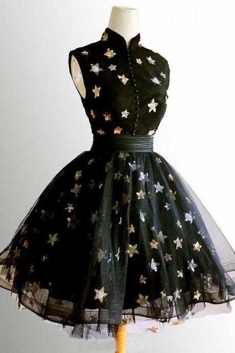 Cute A-Line High Neck Homecoming Dresses Black Short Prom Dress, Cute Homecoming Dress