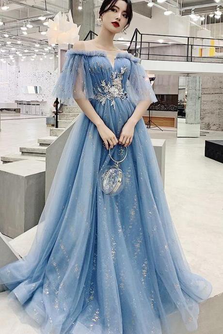 Beautiful Light Blue Tulle Off Shoulder With White Lace Party Dress, Blue Formal Dress Gowns
