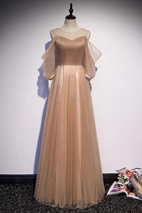 A-line Tulle Long Puffy Sleeves Party Dresses, Champagne Floor Length Prom Dresses