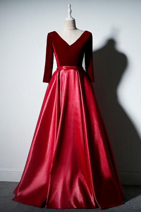 Red Velvet and Satin V-neckline Long Prom Dresses Evening Dress, Red Formal Dresses