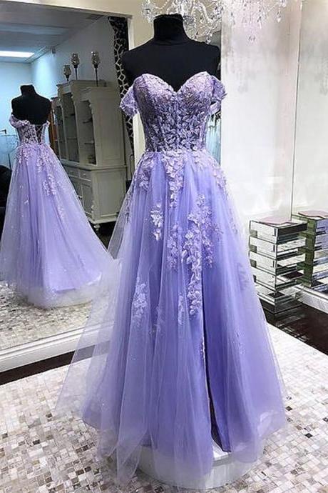Glam Off Shoulder Lavender Lace Long Prom Dresses, Lilac Lace Formal Dresses Party Dress