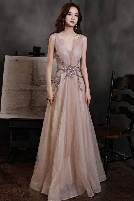 Pearl Pink Shiny Tulle Long Formal Dress Party Dress, A-line Tulle Lace Applique Prom Dress