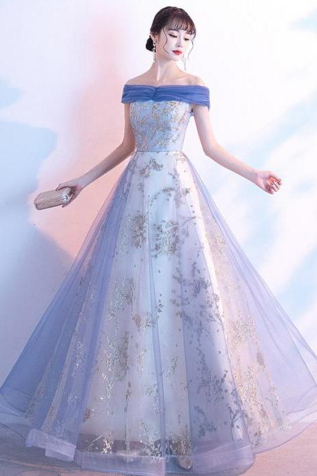 Elegant Evening Dress A-line Blue Boat Neck Long Formal Dresses, Long Off Shoulder Prom Dresses