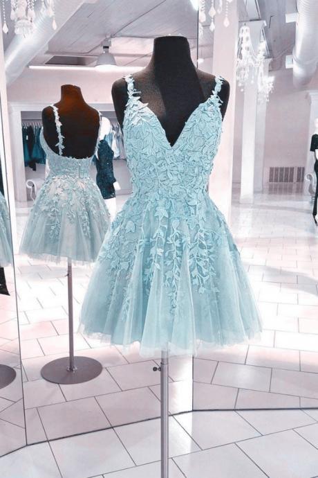 Light Blue V-neckline Tulle Lace Short Homecoming Dress, Blue Prom Dress