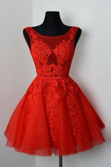 Red Tulle With Lace Round Neckline Low Back Party Dress, Red Evening Dress Party Dress