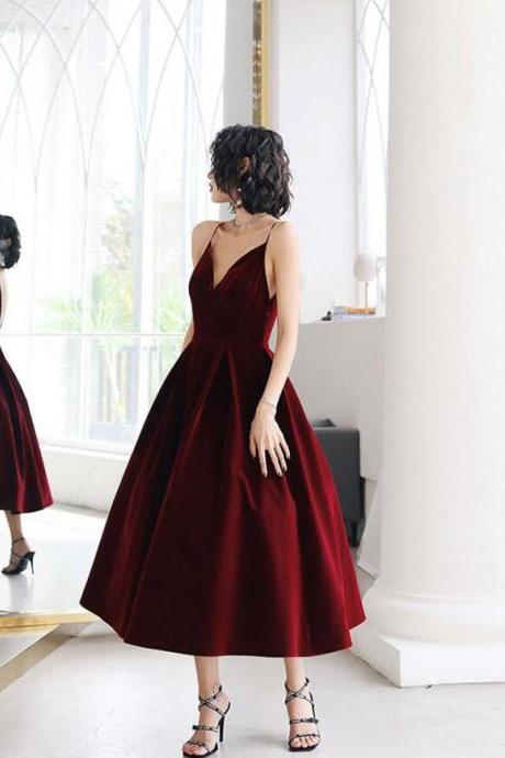 Unique Velvet Dark Red Backless Straps Wedding Party Dress, Short Prom Dresses