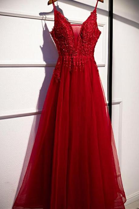 Beautiful Dark Red Lace Tulle Straps Long Prom Dress, Wine Red Floor Length Evening Dress